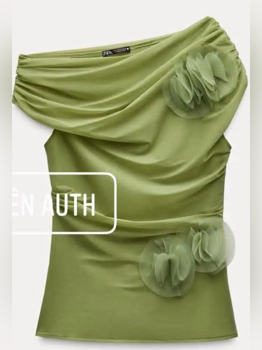 Zara Women's Floral Draped One-Shoulder Olive Green Top Size M REF 3644/802/912